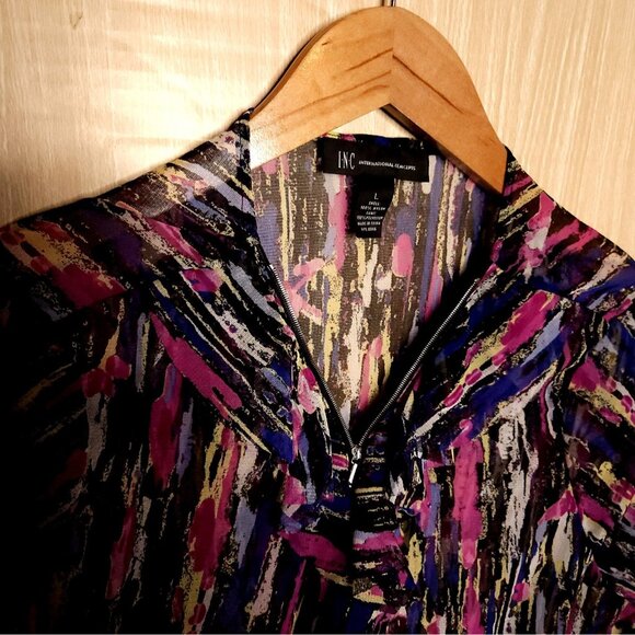 Inc International Concepts Sheer Stretchy Watercolor Top Zipper Detail Large - Picture 5 of 8